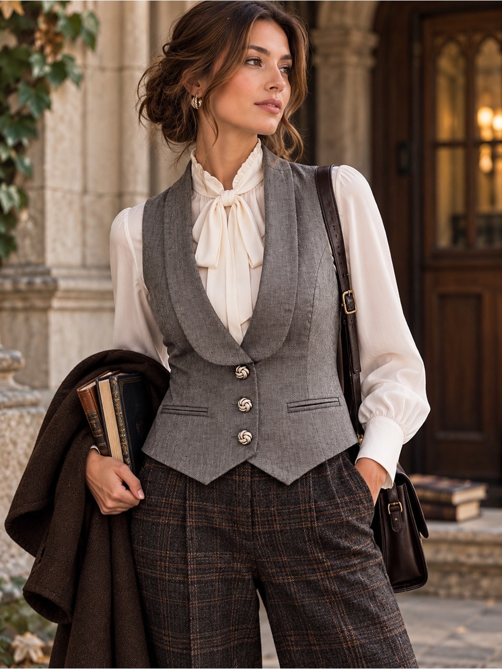 Reitmans Gray Shawl-Collar Vest with Decorative Buttons Herringbone Pattern